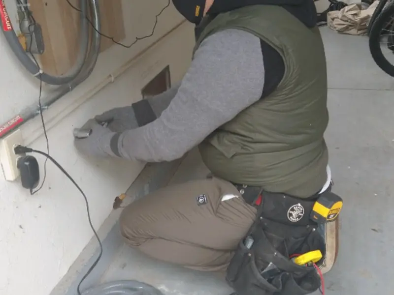 Electrician performing outlet wiring in a Laketown garage